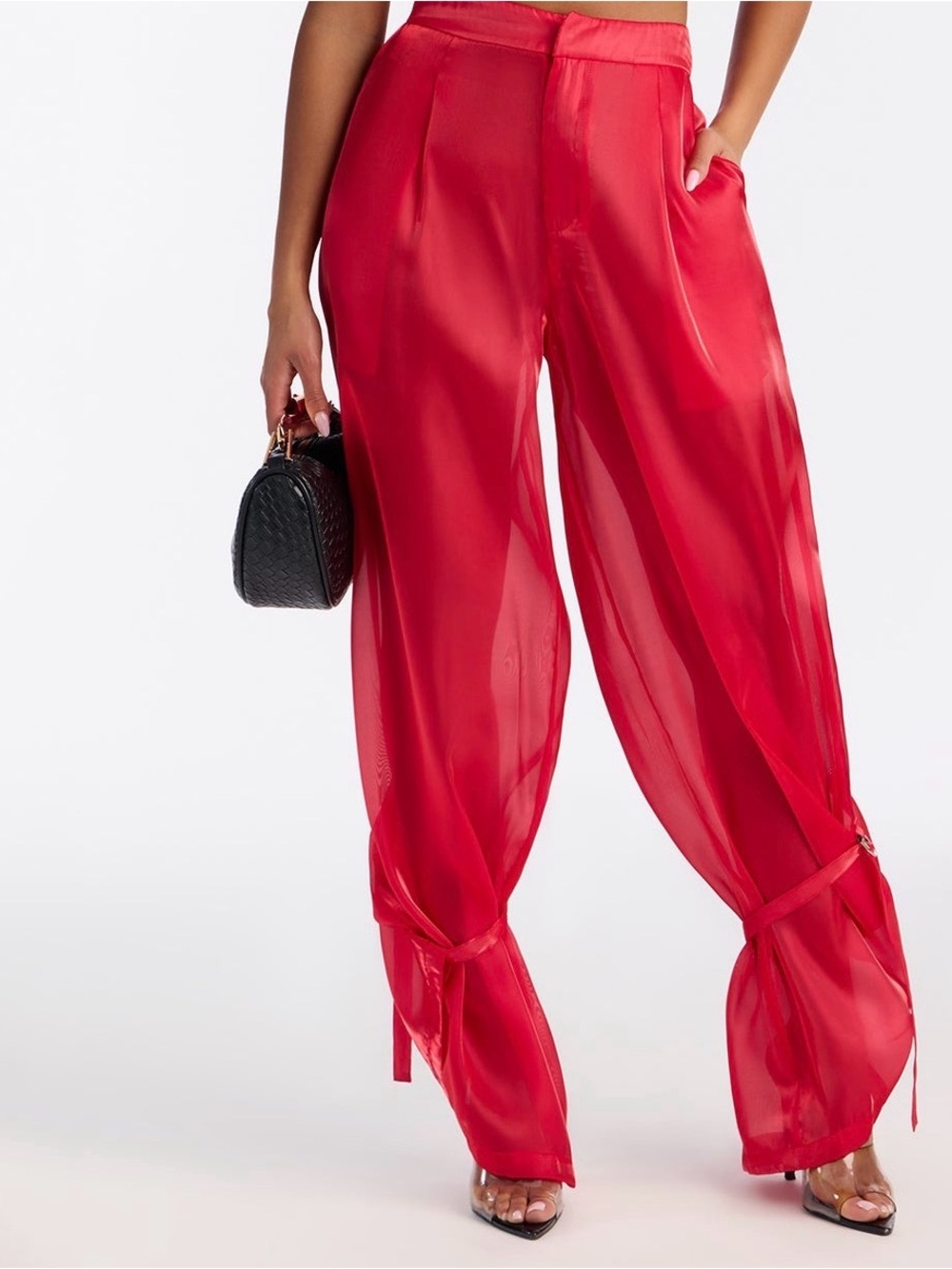 Fashion Nova Red Sheer Wide Leg Tie Ankle Pants Size L